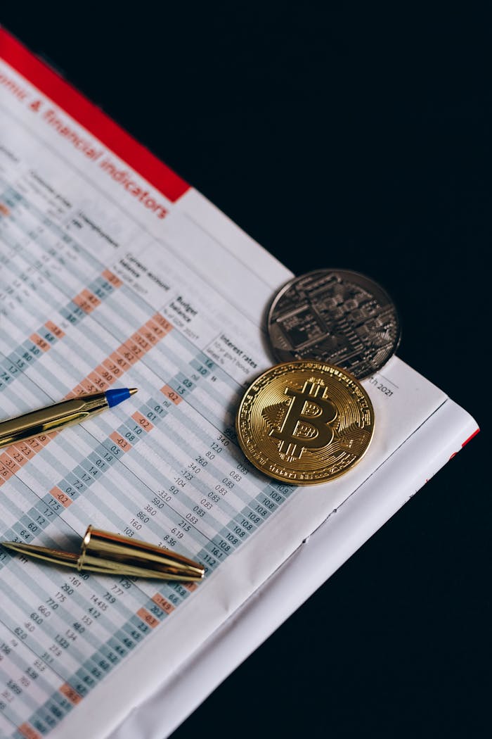 Close-up of Bitcoin and financial data with pen, symbolizing cryptocurrency investment.